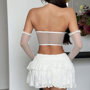 White Polka Dot Lace Halter Crop <b>Top</b> With <b>Mesh</b> Long Sleeve Sexy Club Vest Women's Tank <b>Top</b> - Product Image 5