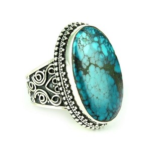 <b>Green</b> Turquoise 925 Sterling Silver Oval <b>Ring</b> Bohemian Style Bezel Set Gemstone <b>Ring</b> for Wedding & Anniversary Wholesale Jewelry - Product Image 1