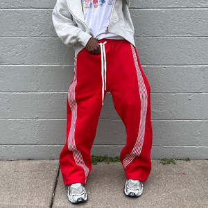 Pantalon de jogging en coton éponge personnalisé OEM pour homme, avec logo brodé, bordures latérales blanches peintes à la main, coupe évasée, style streetwear vintage - Product Image 5