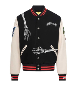 Men's Black Varsity <b>Jacket</b> With Skeleton Embroidery <b>Punk</b> Style Turn-down Collar Single Breasted Regular Fit - Product Image 1