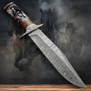 Custom Handmade Damascus Steel Bowie <b>Knife</b> with Stallion Horse Engraved <b>Handle</b> & Leather Sheath Hunting Camping OEM Ideal Gift - Product Image 2