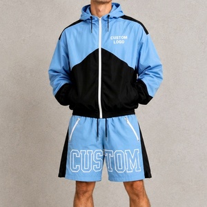 Conjunto de Chaqueta Cortavientos y Pantalones Cortos Urbanos para Hombre, Diseño Color Block, Estampado de Letras Grandes, Ropa Casual de Moda - Product Image 3