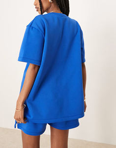Blue Women's Casual 2-Piece Solid 100% Cotton Quick Dry Loose Fit Crew Neck <b>Top</b> & Above Knee Shorts Set Spring Summer Wear - Product Image 4