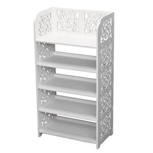 Scarpiera Moderna a Cinque Livelli Bianca Intagliata, Regolabile, in Legno e Plastica, per Arredamento Casa Rustica, Mobile Contenitore per Scarpe - Product Image 1