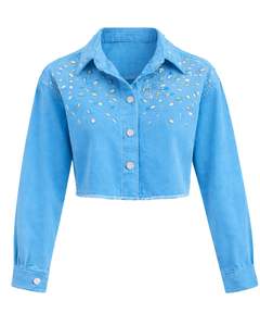 Veste en jean courte bleu ciel personnalisée pour femme avec empiècement orné de strass, boutonnée, manches longues, style streetwear décontracté - Product Image 1