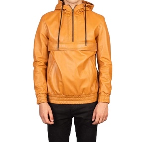 Veste Anorak à Capuche en Cuir Véritable pour Homme, Style Bomber, Demi-Zip, Coupe-Vent - Product Image 1