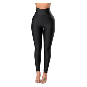 High Waist Solid Black Yoga Leggings Full Length Seamless Four-<b>Way</b> Stretch Spandex Nylon Pants Elastic Waist - Product Image 3