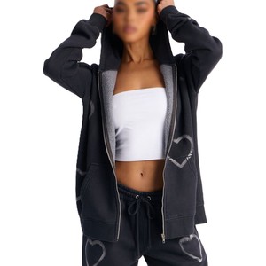 Ensemble de survêtement personnalisé pour femme, faible MOQ, motif pailleté, vintage, en coton épais vierge OEM, avec sweat à capuche zippé deux pièces - Product Image 2
