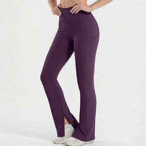 กางเกงโยคะทรงแฟลร์คุณภาพสูงสำหรับผู้หญิง ป้องกันแบคทีเรีย ระบายอากาศได้ดี ไร้ตะเข็บ เอวสูง สีม่วงไวน์ ปรับขนาดได้ - Product Image 4