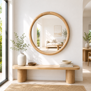 Custom Teak Wood Mirror Frame Manufacturer Wholesale OEM ODM Large Round Wooden Accent Mirror Factory Supplier Export Indonesia - Product Image 1