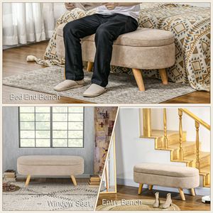 Panca contenitore moderna da ingresso da 110 cm con gambe in legno, panca imbottita beige per fondo letto, mobile da camera da letto - Product Image 6