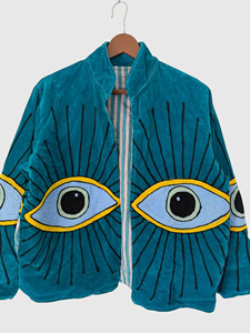 Blouson en velours brodé à la main avec motif œil, manches longues, col montant, grande taille, vêtements d'automne pour femmes - Product Image 6