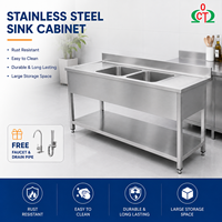 Kabinet Wastafel Dapur Stainless Steel Komersial Double Bowl Dengan Backsplash, Rak Wastafel Restoran Heavy Duty