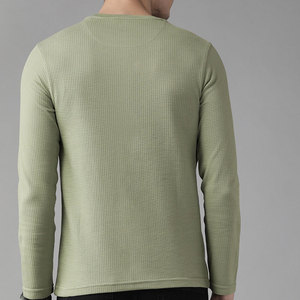 Camiseta de Manga Larga para Hombre, Cuello Redondo, Tejido Waffle, Color Sólido, Transpirable, Corte Regular, Verde - Product Image 3