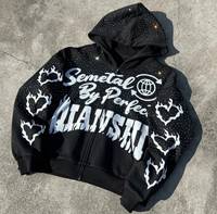 Sweat à capuche zippé OEM en coton 100% lourd, teint en pièce, entièrement orné de strass et de cristaux, coupe oversize, effet scintillant