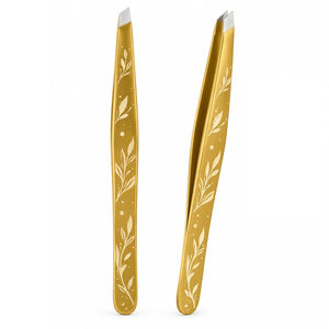 แหนบดึงขนคิ้วปลายเฉียงสีทอง สแตนเลสสตีล คุณภาพสูง ลายใบไม้ดอกไม้ - Product Image 3