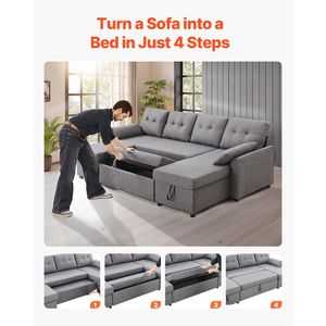 Divano Letto a U Convertibile con 2 Tasche Laterali, 2 Cuscini, Chaise Longue Doppia, 6 Posti, Letto Estraibile Pieghevole - Product Image 6