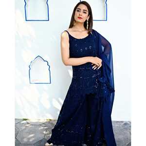 Conjunto de traje de gasa de algodón Chikankari azul marino para mujer, talla XS - Product Image 3