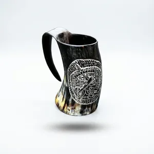 Mug à boire en corne fait main, forme naturelle, thème animal sculpté, objet d'art de collection, durable, grain rayé poli - Product Image 6