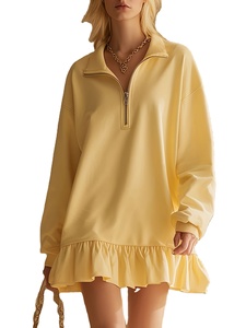 Fashionable Casual Yellow Lapel Swear-style Knee-Length Flapper Dress Front Zipper Design Long Sleeves Summer Spring Spandex - Product Image 4