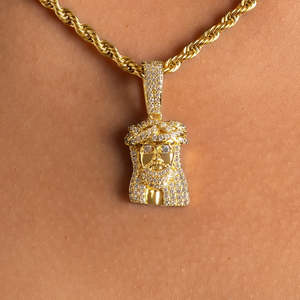 Gold Plated Moissanite Jesus Face Pendant Rope Chain <b>Necklace</b> Unisex Religious Everyday Wear - Product Image 1