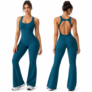Mono de yoga acampanado personalizado para mujer, sin mangas, con espalda abierta, de alta elasticidad, de una pieza, para gimnasio y entrenamiento, OEM, marca privada, fitness - Product Image 1