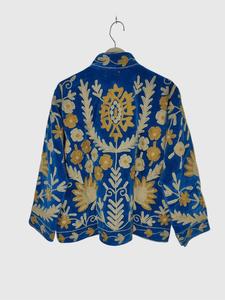 <b>Women</b> Blue <b>Velvet</b> Embroidered Suzani <b>Jacket</b> With Floral Pattern Full Sleeve Stand Collar Handmade Bohemian Autumn Outerwear - Product Image 4