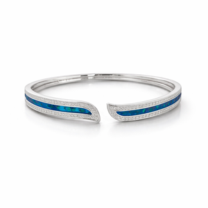 925 Sterling <b>Silver</b> Blue Opal Enamel Open <b>Cuff</b> Bangle Minimalist Wave Design <b>Bracelet</b> Women Romantic Gift Daily Wear Party - Product Image 1