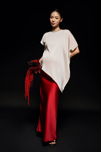 Regular Fit 2-Piece Long Set Silk Blend Plain Dyed Full Length Crew Neck Short Sleeve Casual Solid Breathable Dressy - Product Image 4