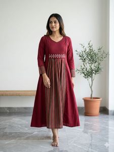 Indian Pakistani Dress V Neck Long Sleeve Midi Dress Embroidered Waist Striped Skirt Women Casual Wear - Product Image 4