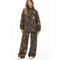 Ensemble de survêtement camouflage rose et gris pour femme, col montant, sweat-shirt et pantalon large, décontracté, manches longues, tendance