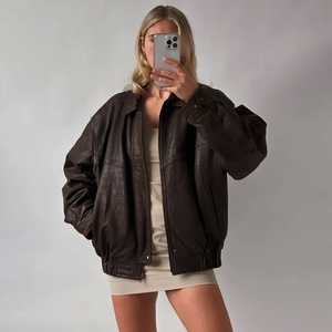 <b>Women's</b> Winter Oversize Vintage <b>Bomber</b> Sheep Skin Leather <b>Jacket</b> Knitted Breathable <b>Lightweight</b> Casual Leather <b>Jackets</b> - Product Image 5