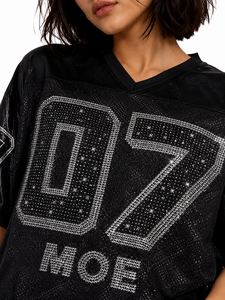 Jersey de Fútbol Americano con Cristales Negros, Personalizado con Pedrería, Malla Oversize, Logotipo Personalizado, Ropa Urbana, Producción OEM al por Mayor - Product Image 2