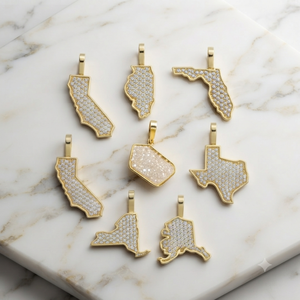 Colgantes y Dijes de Joyería Fina de Oro Sólido de 10K con Diamante Natural, Estilo Hip Hop Moderno, Minimalista y Personalizado, con Mapa de Estado a Elección - Product Image 3