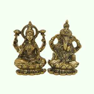 Conjunto de Ídolos de Latón de Lakshmi y Ganesha Sentados sobre una Base de Loto, Estatuas Espirituales de Divinitades Hindúes para Diwali, Pooja y la Abundancia - Product Image 1