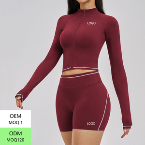 Women 2 Piece Yoga Set High Waist Shorts <b>Crop</b> <b>Top</b> Full Sleeve <b>Turtleneck</b> Zipper Seamless Solid Color Activewear Spandex - Product Image 2