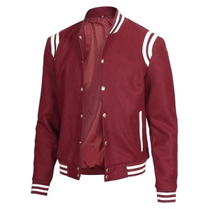 Men's Maroon Windproof Varsity Jacket with White Trim <b>Covered</b> <b>Button</b> Closure Front Logo Street Style Winter Wear - Product Image 3