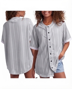 Womens Grey <b>Baseball</b> Jersey Button Short Sleeve Top Custom Pinstripe Soft Breathable V-neck Athletic Wear Casual Streetwear - Product Image 1