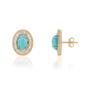 Nouvelles boucles d'oreilles clous haut de gamme en or jaune 14 carats avec turquoise et halo de diamants, design personnalisé, fabrication artisanale, fabricant de bijoux en gros - Product Image 3