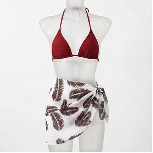 Women Red Halter <b>Bikini</b> Top With White Tropical Leaf Print Wrap Skirt 2 Piece <b>Set</b> - Product Image 1