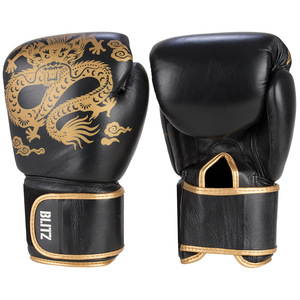 Gants de boxe unisexes en cuir bleu respirant avec impression de dragon doré pour fermeture, logo personnalisé, équipement d'entraînement pour adultes - Product Image 3