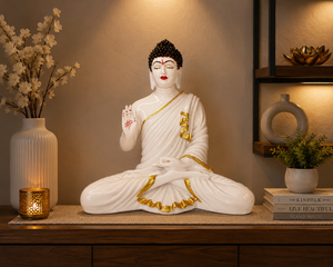White Buddha Resin <b>Statue</b> With <b>Gold</b> Trim Handmade Asian Zen Figure For Tabletop Display Living Room Decor - Product Image 1