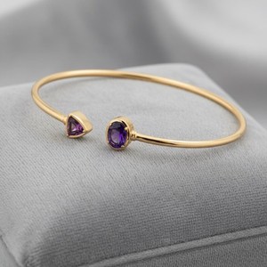 Amethyst Open <b>Bangle</b> <b>Bracelet</b> 925 Sterling Silver 14K Gold Plated Dainty February Birthstone Adjustable Jewelry - Product Image 3