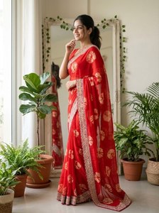 Elegante Saree Rojo de Chifón con Estampado Floral Dorado, Traje Tradicional de Boda para Mujer, Largo hasta el Suelo, Corte Regular, Estilo India Pakistán NiMa - Product Image 4