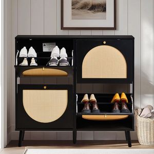 Scarpiera in Rattan a 2 File e 4 Contenitori, con Piedini Alti, 105x24x98cm, Telaio Nero + Pannello Truciolare Originale + Rattan Sintetico Nero - Product Image 1