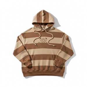 Sweat à capuche et cordon de serrage pour homme en coton molletonné rayé bicolore avec logo personnalisé, coupe oversize, style décontracté et sportif - Product Image 1