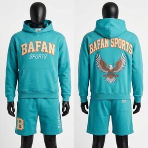 Conjunto de sudadera con capucha y pantalones cortos de algodón premium color verde azulado con logotipo bordado en chenilla y estampado de águila. Conjunto de sudadera con capucha y pantalones cortos para hombre. - Product Image 3