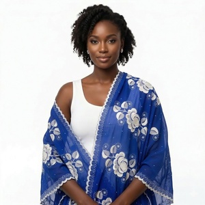 Women's Blue <b>Chiffon</b> Hijab Floral Embroidered Lightweight Breathable Summer Ethnic <b>Scarf</b> Daily Wear Wrap Elegant - Product Image 1