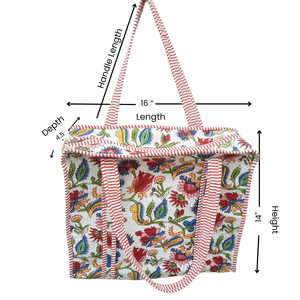Sac fourre-tout bohème multicolore en coton matelassé, sac de plage et de voyage, sac de shopping en coton imprimé à la main en gros, motif floral 14x16 pouces - Product Image 2
