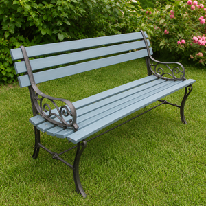 Blue Gray Wooden Garden <b>Bench</b> Dark <b>Metal</b> Scroll Arm Outdoor Patio Lawn Park Seating Decorative Furniture Premium Style - Product Image 2